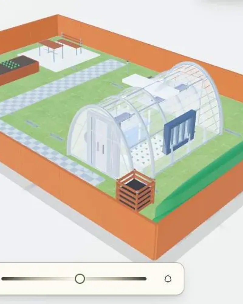 A backyard built in GrowDraft in 3D: raised beds, a greenhouse and paths at real scale.
