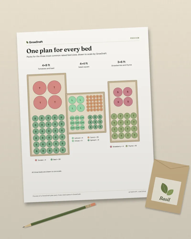 A printed page showing planted raised beds in three sizes, lying on a linen cloth with a seed packet.