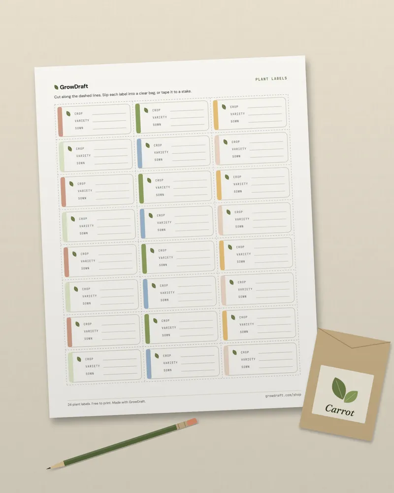 A printed sheet of plant labels on a linen cloth beside a carrot seed packet and a pencil.