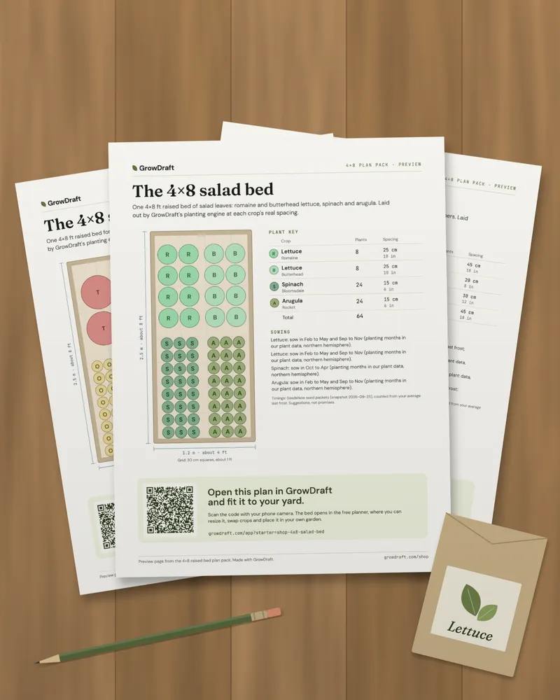 Three printed pages from the 4×8 plan pack fanned out on a wooden bench with a seed packet and a pencil.