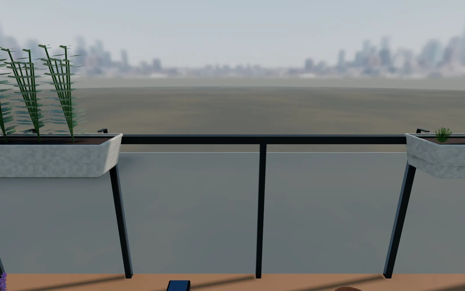 Standing on the balcony at rail height, looking out over railing planters to a hazy city skyline