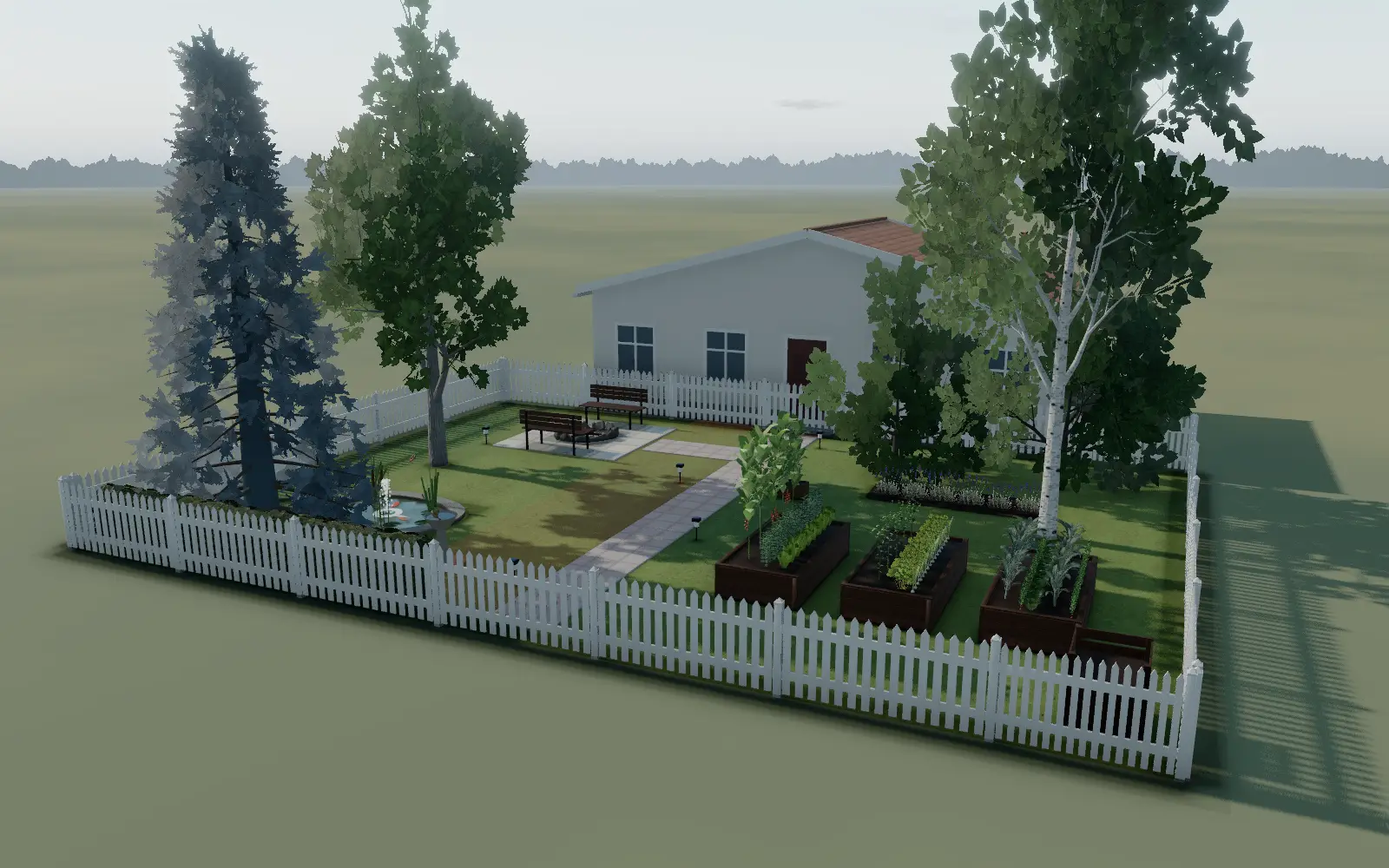 The Family Garden starter in GrowDraft's 3D planner: a house, a fire pit patio, three vegetable beds, a pond and five young native trees, July, 4:30 pm
