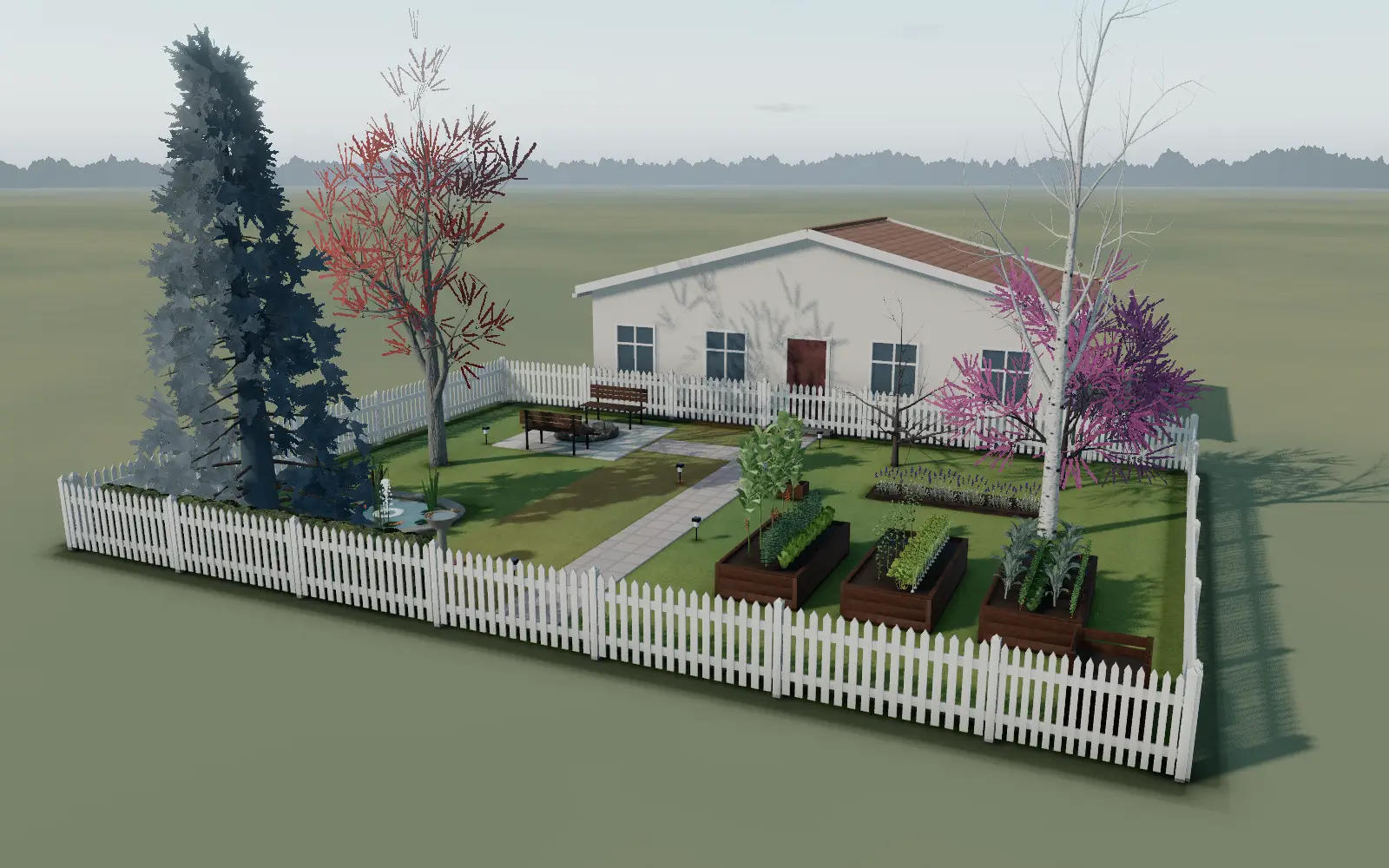 The garden in March: beds, a patio and paths laid out among five young trees