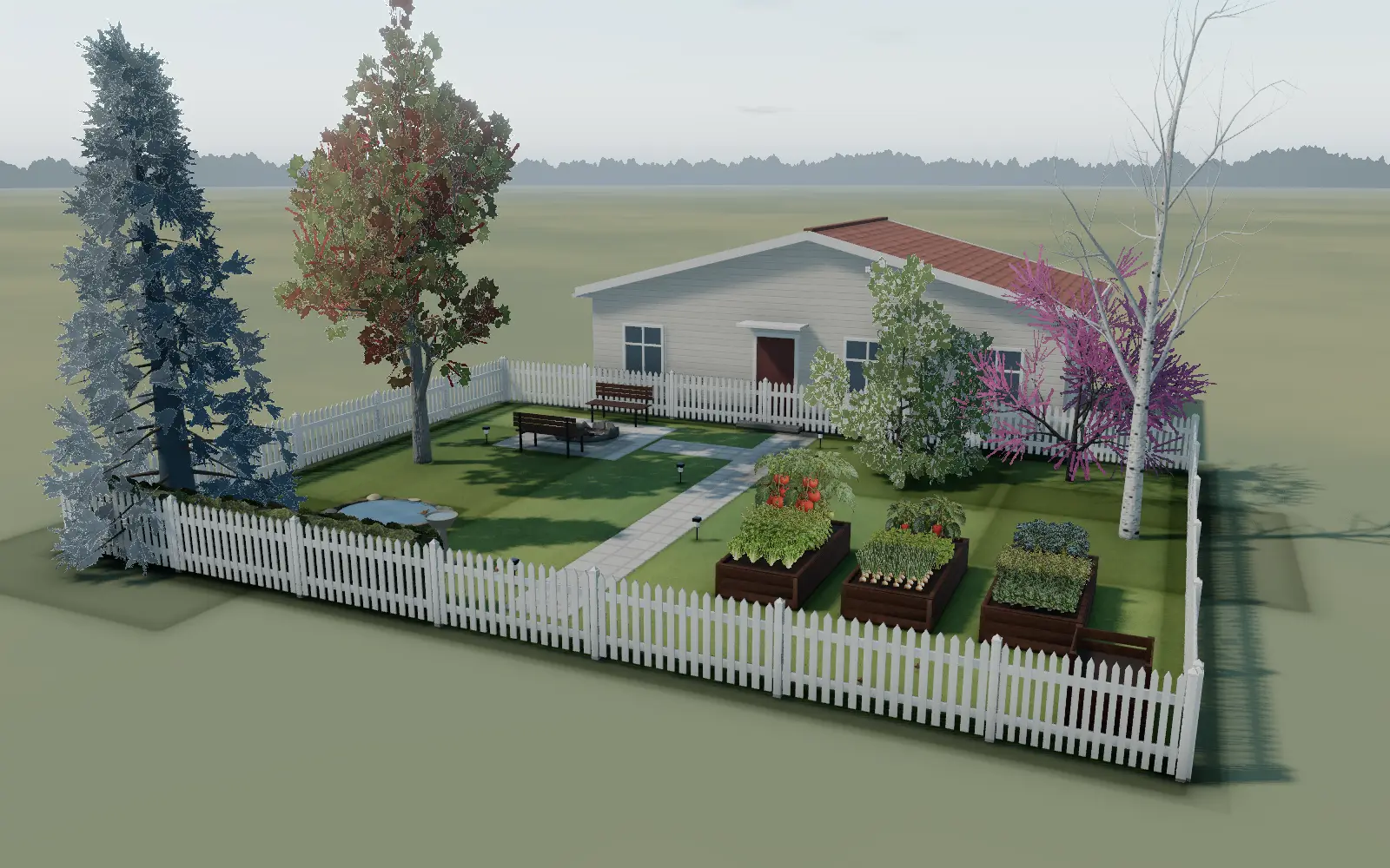 The Family Garden starter in April: the redbud in pink blossom, young native trees, three vegetable beds and a fire pit patio behind the house