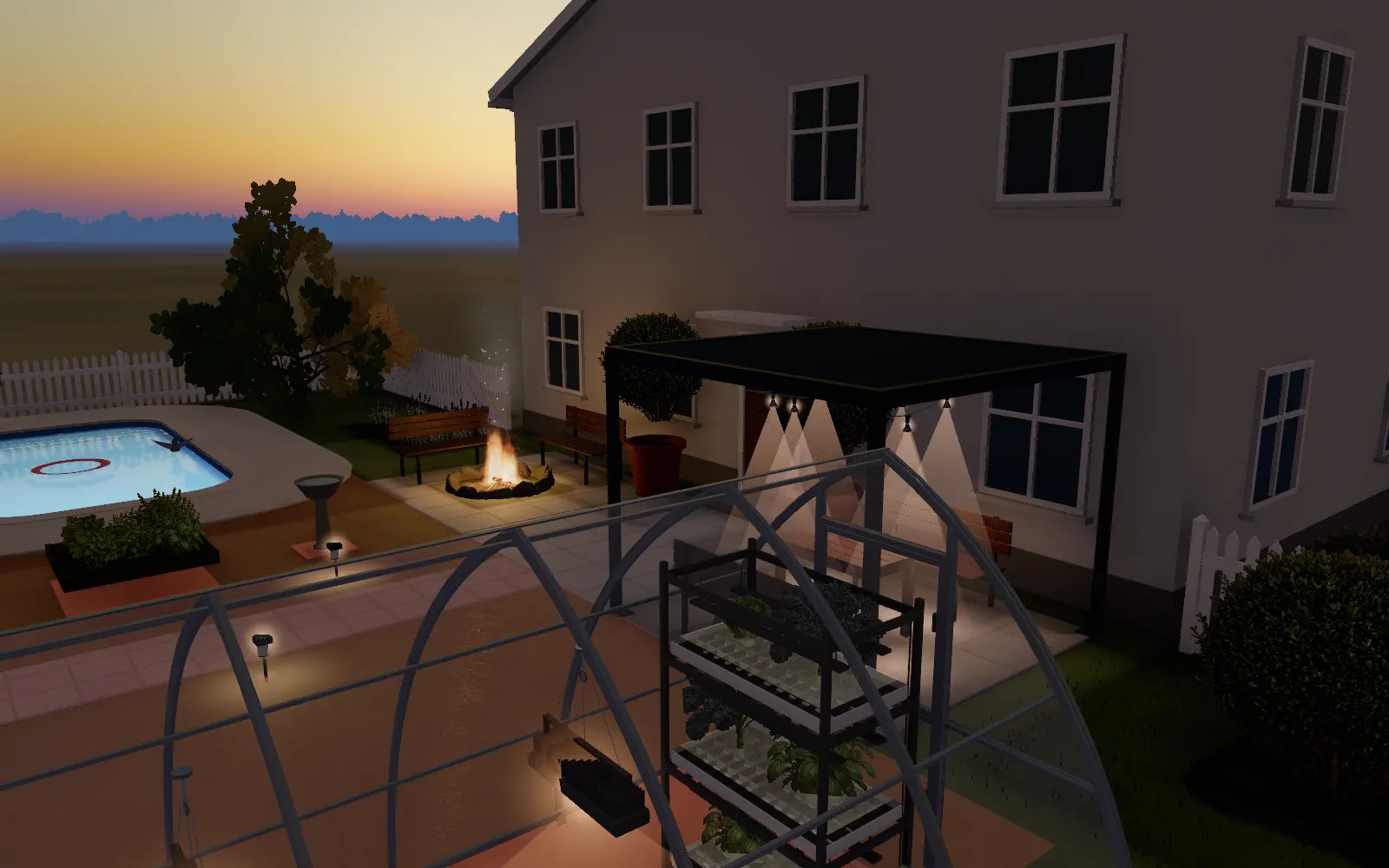 A garden at dusk: path lights and a fire pit switching on as the sun sets behind the trees