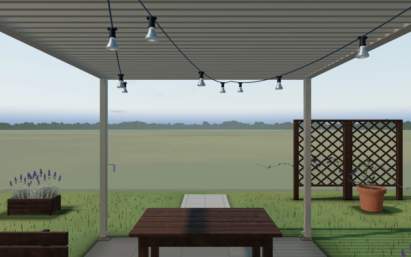 Standing under a patio pergola at a dining table, lavender in planters either side, open countryside beyond