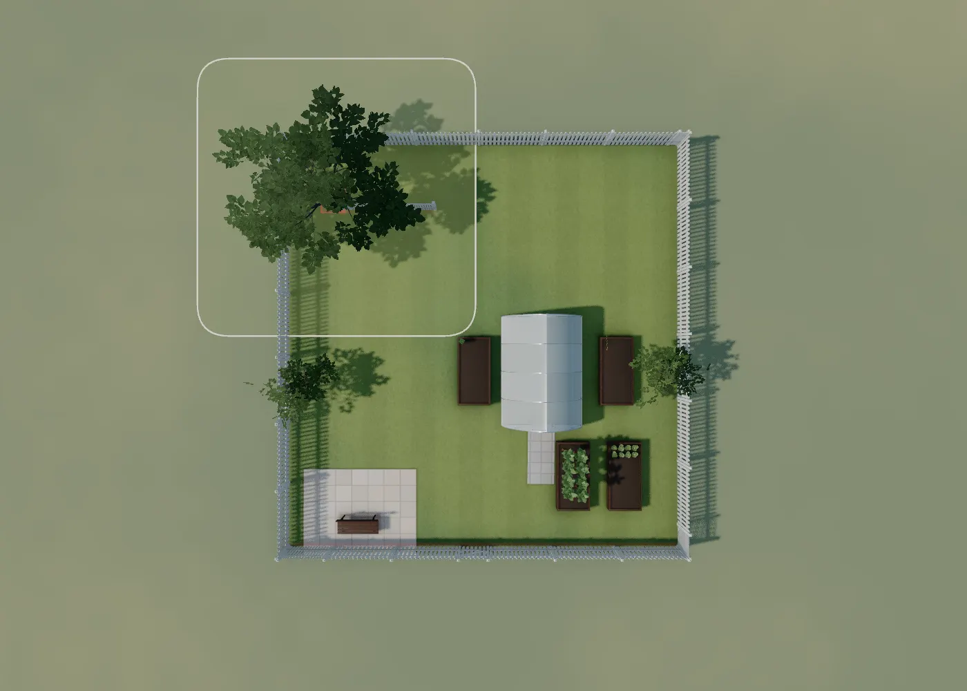 The same yard as an editable GrowDraft garden seen from above: greenhouse and beds in place, finished with a fence, paving, a bench and more trees