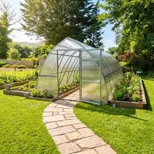 A real photo of a yard: a greenhouse, planter boxes and three trees along a fence line