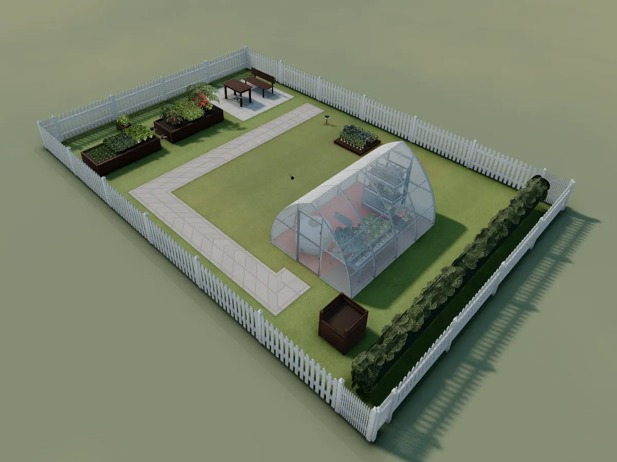A real, dimensioned greenhouse in the Backyard + Greenhouse starter, with raised beds, a shed path and a hedge along the fence