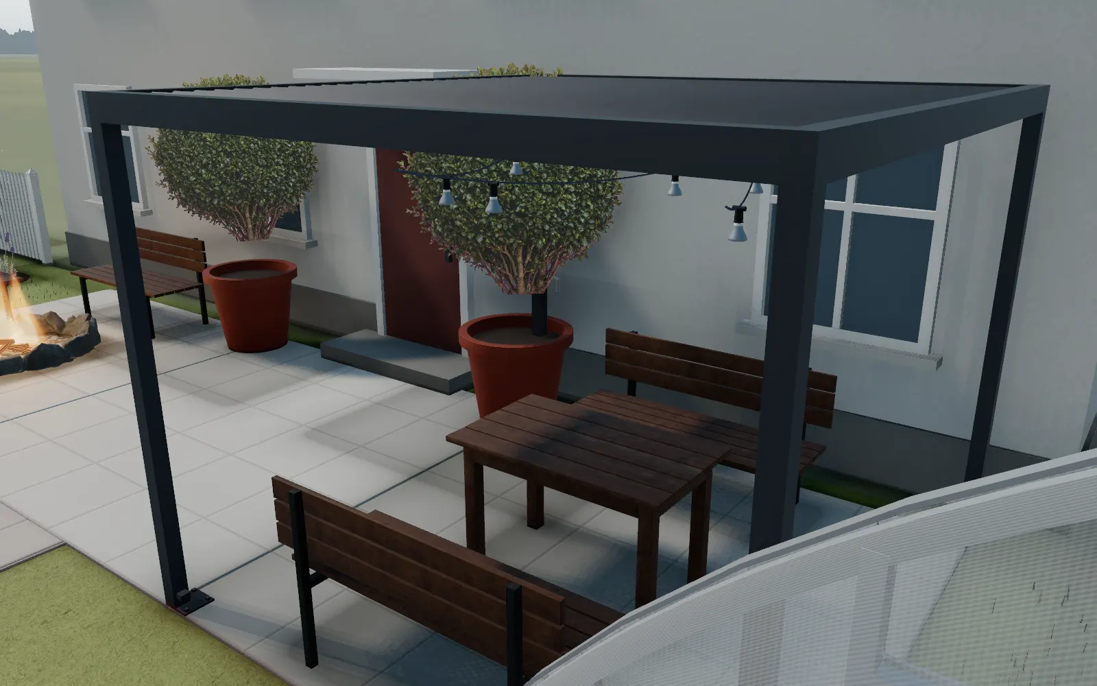 A real, dimensioned pergola over a dining set, with festoon string lights hung under the beams