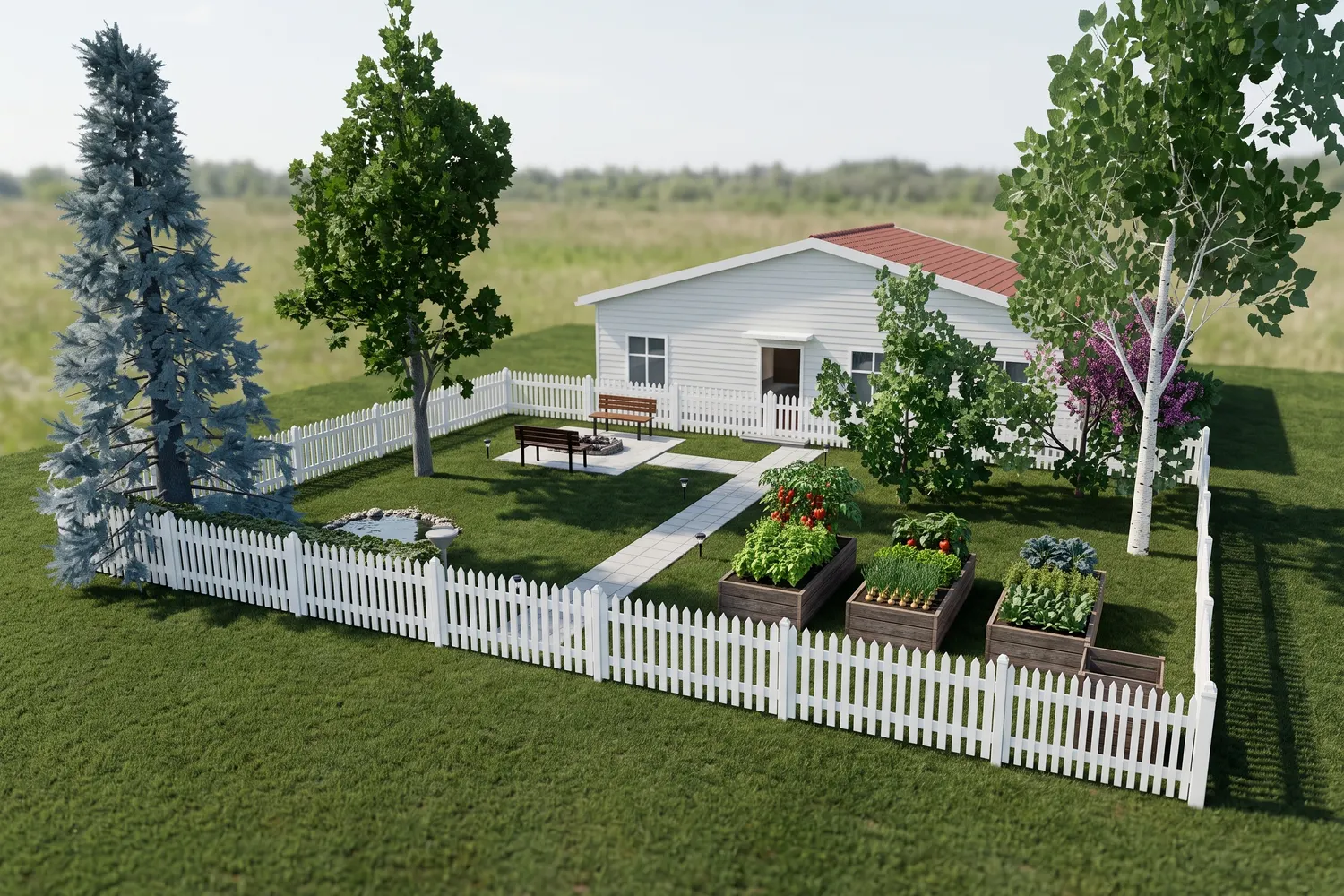 A photo render of the Family Garden made by GrowDraft from that 3D view: the house, picket fence, raised beds and trees looking photographed
