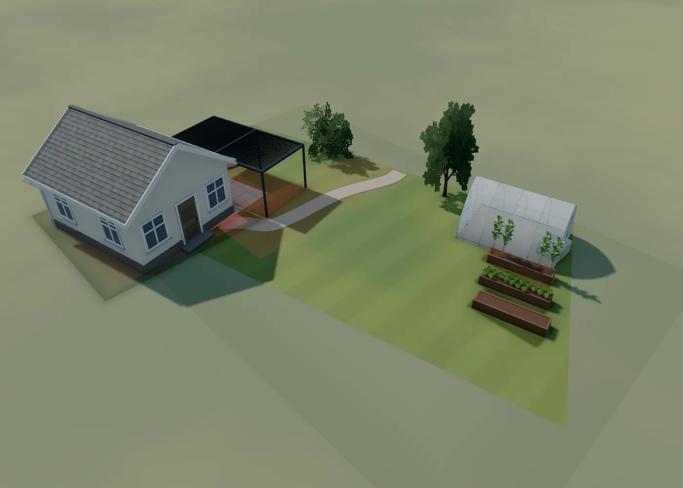 The garden GrowDraft built from that plan, in 3D: the house, patio and pergola, the curved path, the trees, the greenhouse and the three beds in place on a lawn