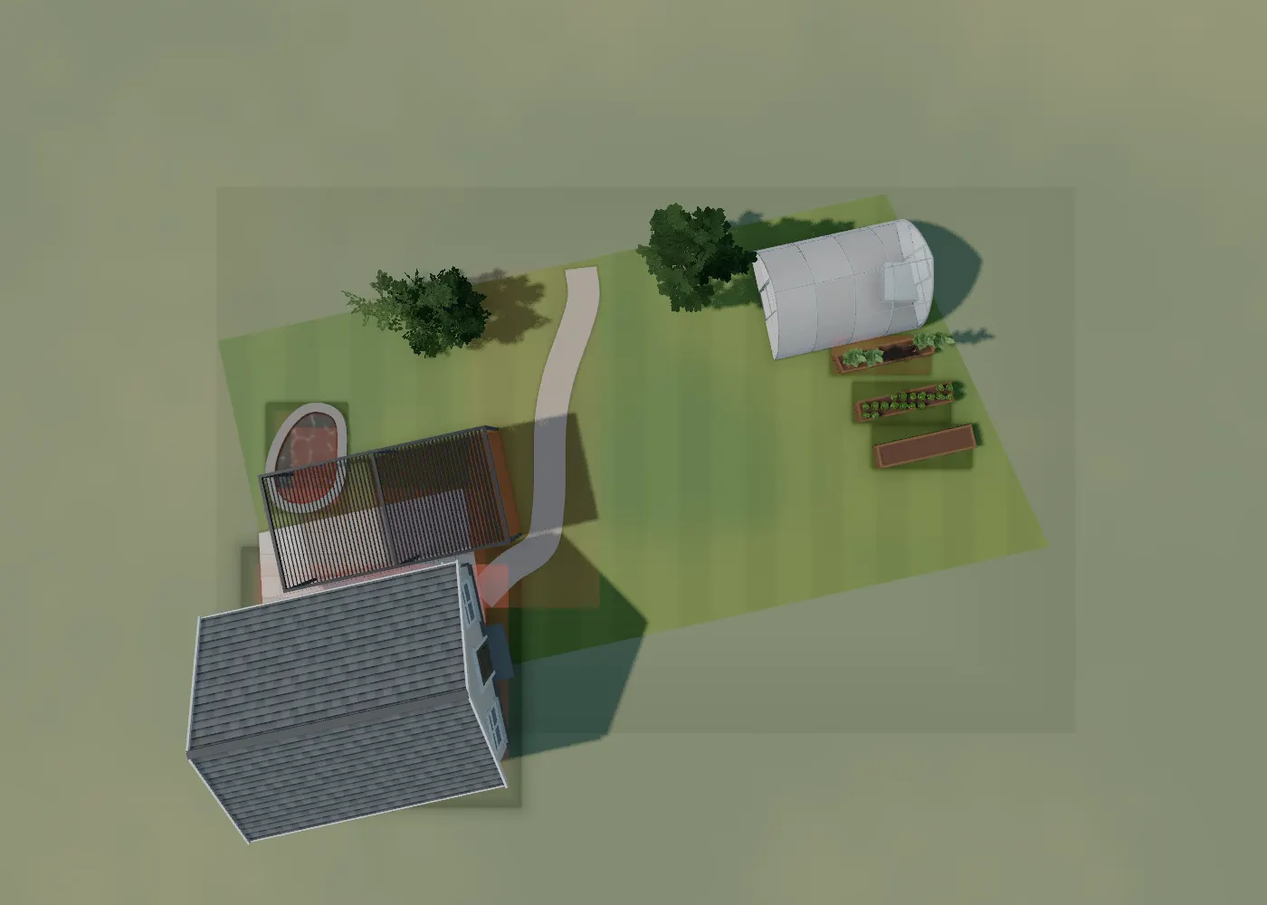 The same plan as an editable GrowDraft garden seen from above: house, patio, pergola, pond, path, trees, greenhouse and beds