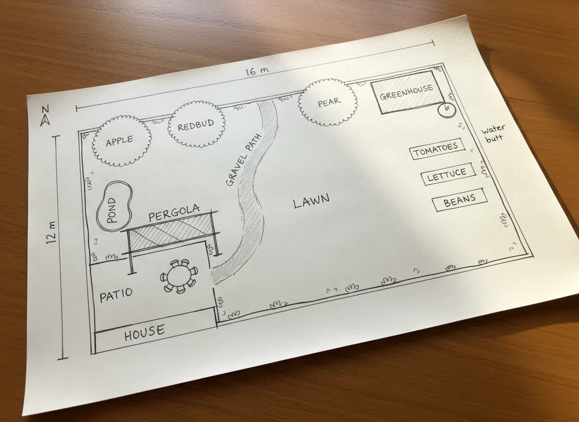 A hand-drawn garden plan on paper, 16 m by 12 m: a house and patio, a pergola and a pond, a gravel path, three trees, a greenhouse and three vegetable beds, all with handwritten labels