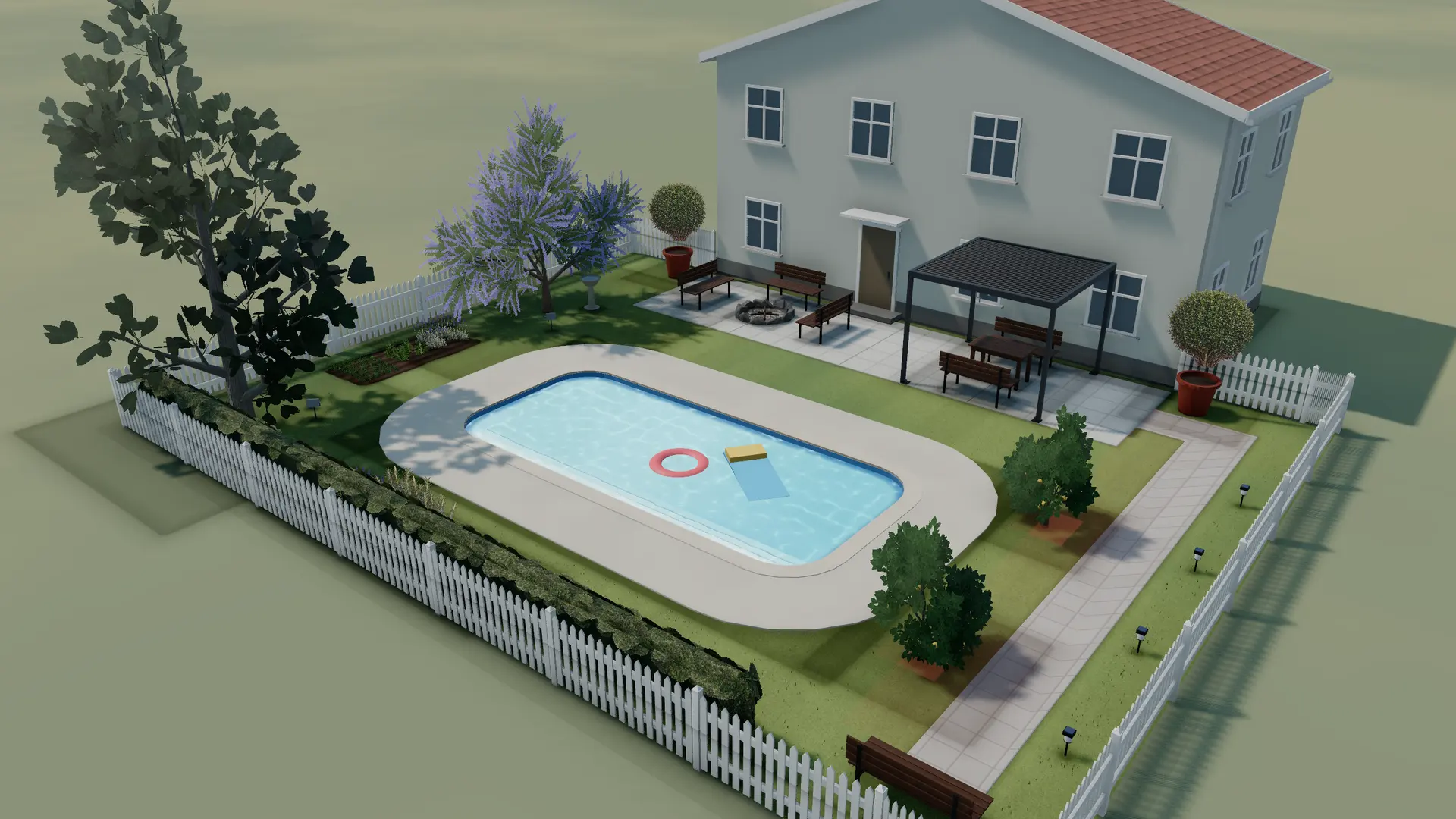 The Pool & Terrace Garden starter by day: 8 × 3.6 m pool, lit after dark, fire-pit lounge and a dining pergola with string lights
