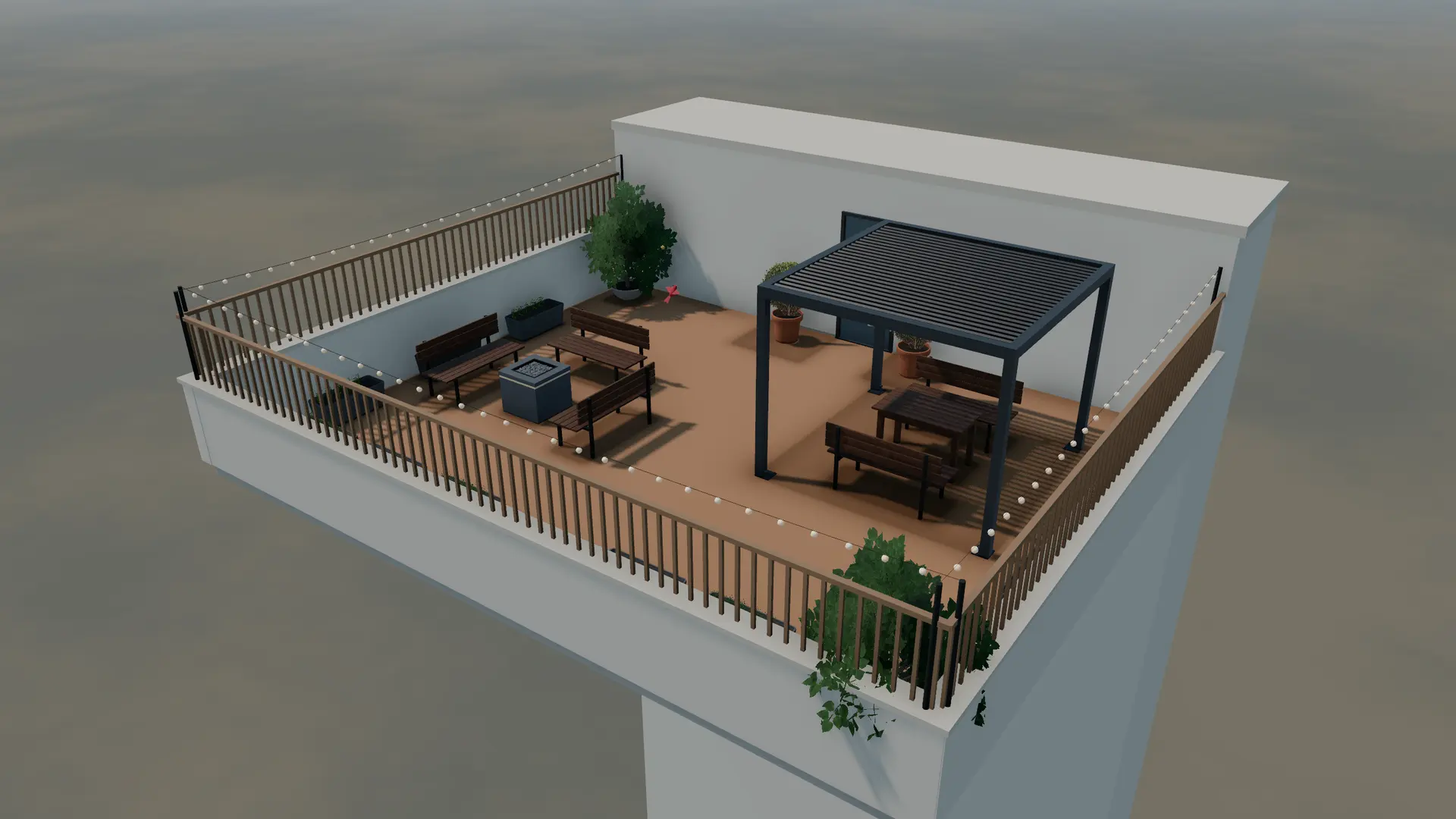 The Rooftop Terrace starter by day: louvred pergola over the dining table, fire-pit lounge with three benches