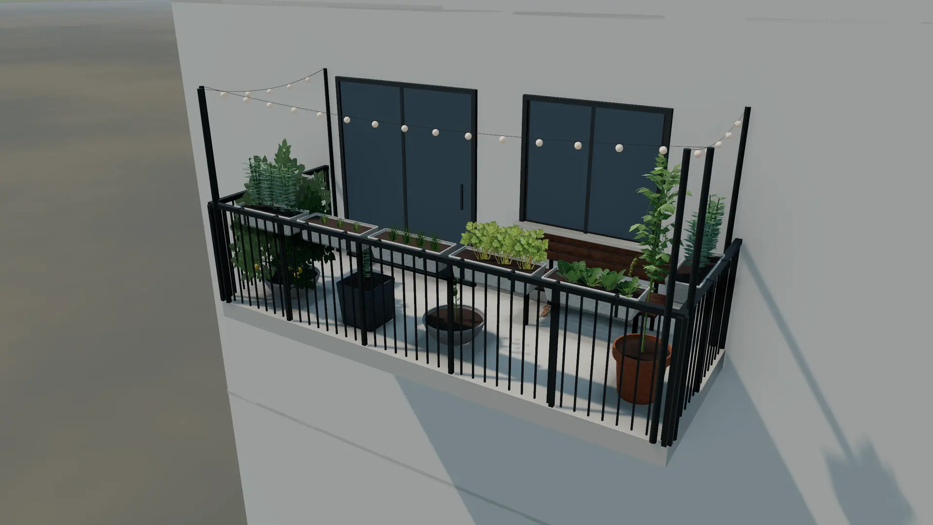 The Sunny Balcony starter by day: railing planters on three sides, tomato, pepper and herb pots