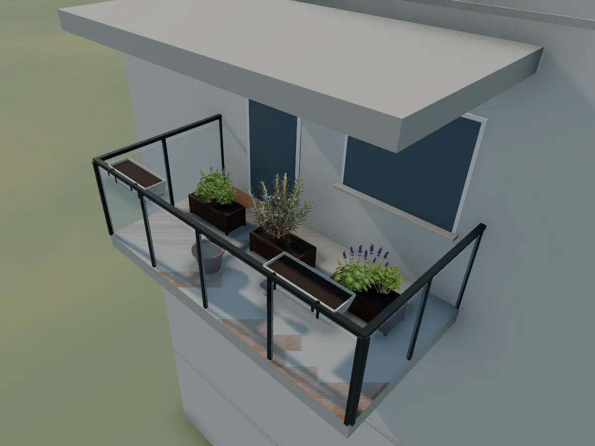 The Herb Balcony starter: planters and pots of herbs on a third-floor balcony with a glass railing