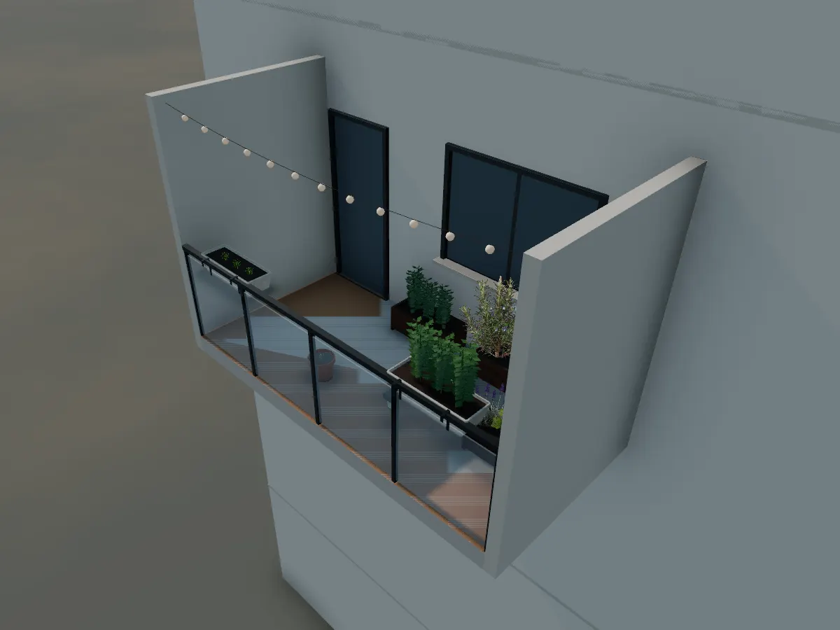 The Herb Balcony starter: a small balcony with three planter boxes of herbs and railing planters of strawberries and thyme, the building wall behind