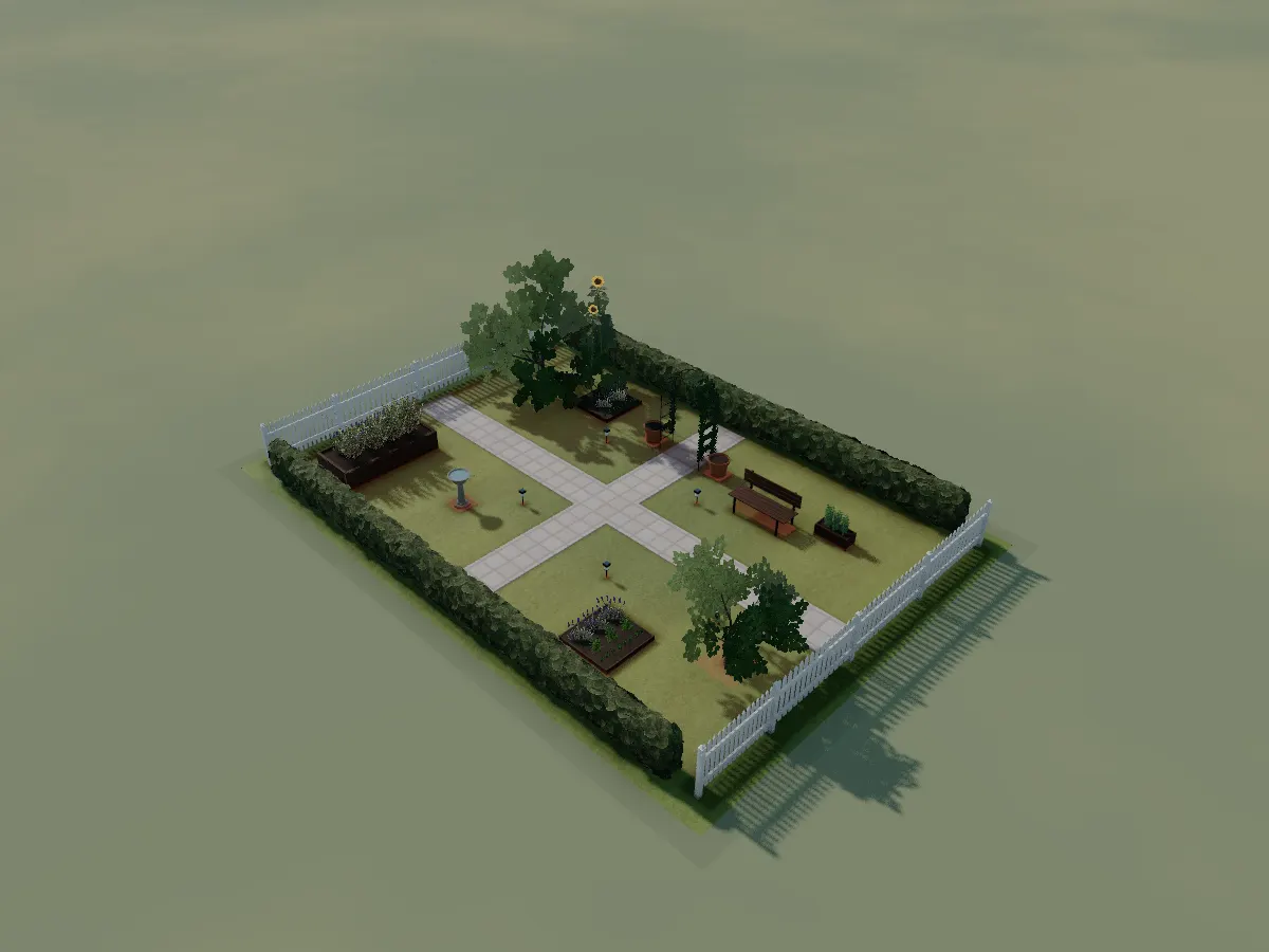 A cottage garden planned in GrowDraft: planted beds, a lawn and a path, seen in 3D