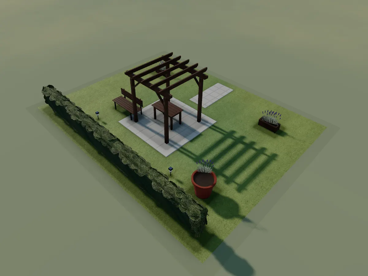 The Modern Patio starter: a pergola over a dining table on a paved patio, planters and a hedge