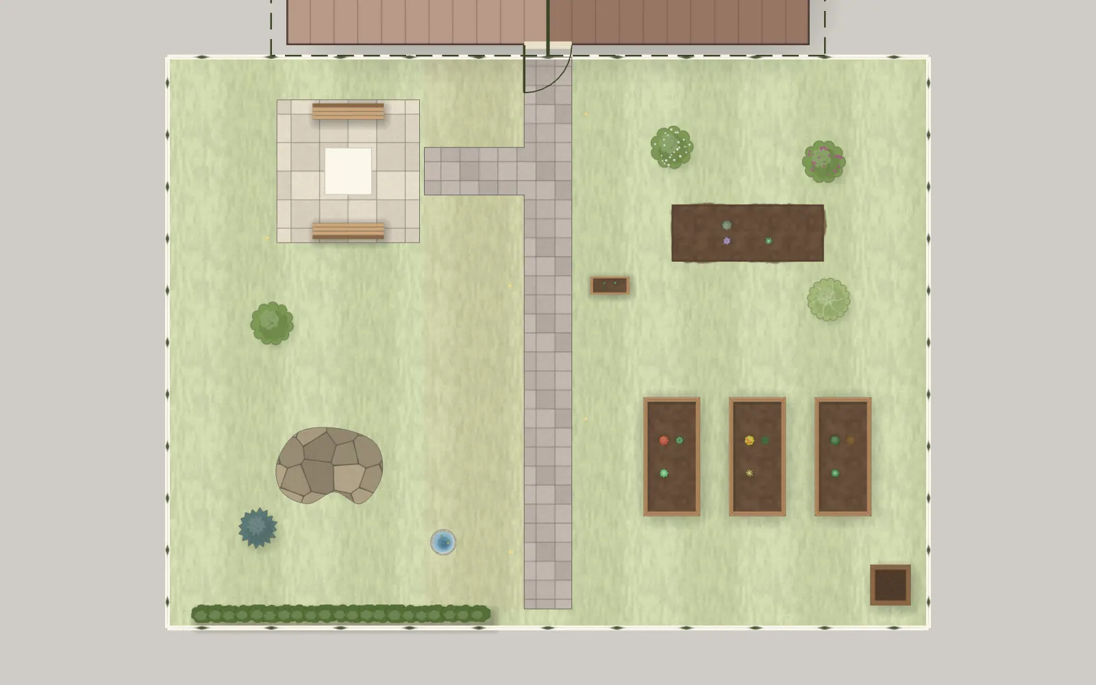 The same garden drawn as a flat plan from above, with beds, paths and trees to scale