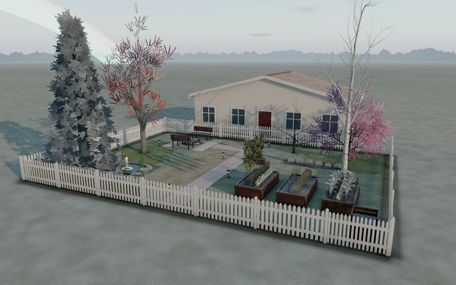 The same garden in March frost: bare and blossoming trees rimed with frost, the raised beds frosted over