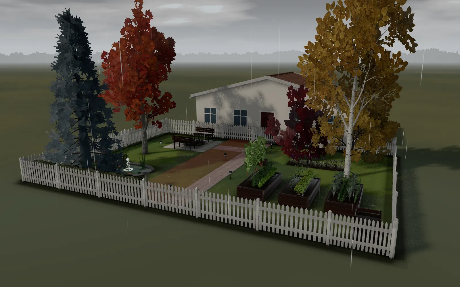 A planned garden in the rain, as the planner shows live local weather